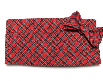 Mens Cummerbund Set~Red Stewart Tartan Plaid~Mens Formal Wear~Groomsmen~Groom~Self Tie Bow Tie~Men Gift~Wedding~Tartan Cummerbund