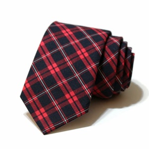 Navy & Red Tartan Plaid Mens Necktie~Cotton Necktie~Anniversary Gift~Wedding Tie~Boys Plaid Tie~Slim Necktie~Mens Gift~Skinny Tie~Blue