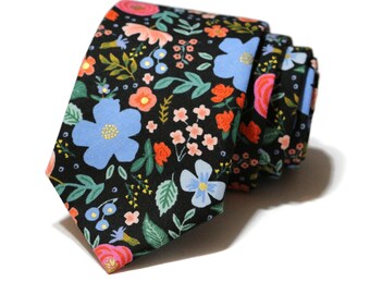 Black Wild Rose Floral Necktie~Anniversary Gift~Mens Gift~Flower Tie~Mens Necktie~Wedding~HoBo Ties~Mens Skinny Tie~Primavera~Coral~Peach