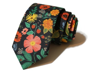 Black Poppy Fields Floral Necktie - Rifle Paper Co Fabric - Pocket Square - Wedding Necktie - Trendy Wedding - Cotton Anniversary - Handmade