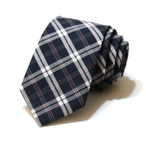 Navy & White Tartan Plaid Mens Necktie~Cotton Necktie~Anniversary Gift~Wedding Tie~Boys Plaid Tie~Slim Necktie~Mens Gift~Skinny Tie~Blue