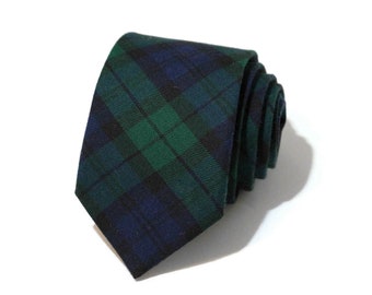 Tartan Plaid Mens Necktie~Cotton Necktie~Anniversary Gift~Wedding Tie~Blackwatch Plaid~Plaid Necktie~Mens Gift~Skinny Tie~Navy Hunter Green