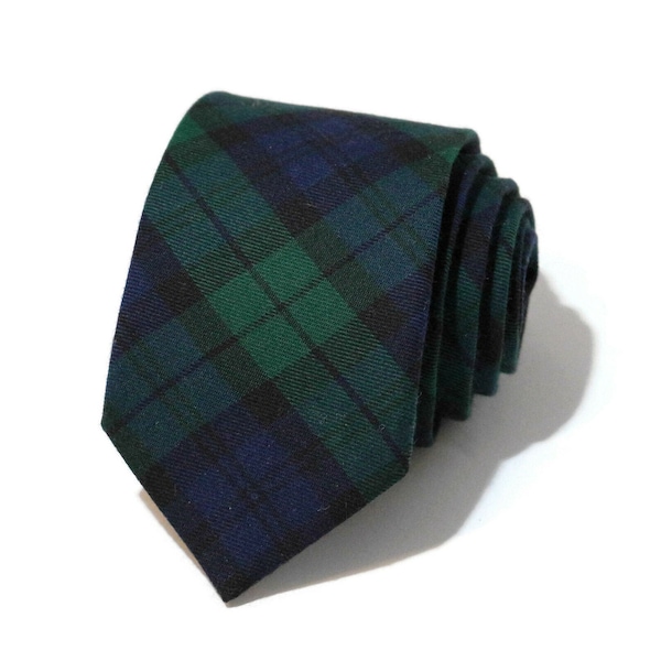 Tartan Plaid Mens Necktie~Cotton Necktie~Anniversary Gift~Wedding Tie~Blackwatch Plaid~Plaid Necktie~Mens Gift~Skinny Tie~Navy Hunter Green