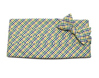 Mardi Gras Cummerbund & Bow Tie~Mens Cummerbund Set~Tattersall Bow Tie~Mens Formal Wear~Groomsmen~Groom~Self Tie Bow Tie~Men Gift~Wedding~