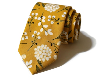 Mustard Floral Necktie~Anniversary Gift~Mens Gift~Flower Tie~Mens Necktie~Wedding~HoBo Ties~Mens Skinny Tie~