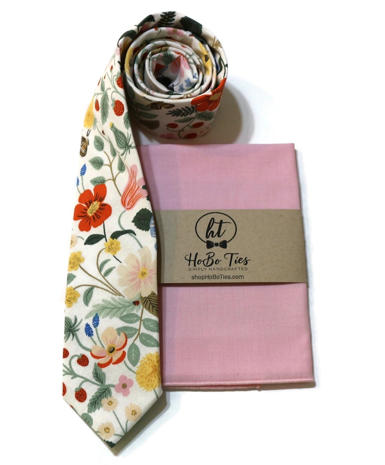 Ivory Strawberry Fields Floral Necktie Rifle Paper Co Fabric Pocket Square Wedding Necktie Handmade Necktie Wedding Gift image 7