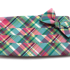 Mens Cummerbund Set~Easter Madras Plaid Cummerbund~Mens Formal Wear~Groomsmen~Groom~Self Tie Bow Tie~Gift~Wedding~Formal~Green~Pink~Yellow