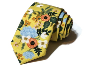 Yellow Birch Floral Necktie~Anniversary Gift~Mens Gift~Flower Tie~Mens Necktie~Wedding~HoBo Ties~Mens Skinny Tie~Primavera~Blue~Coral~Peach