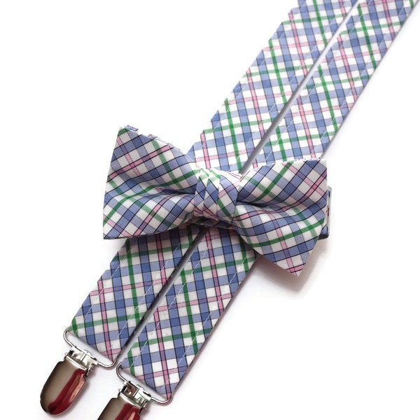 Boys Easter Plaid Suspenders~Green~Pink~Blue~Wedding Suspenders~Wedding Accessory~Boy Suspender Set~Check~Matching Bow Tie and Suspender