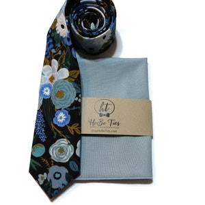 Blue Garden Floral NecktieFloral TieAnniversary GiftFlower TieMens NecktieWeddingHoBo TiesSkinny TieBoys NecktieSlateSageLarge W/ Dusty Blue Pkt Sq