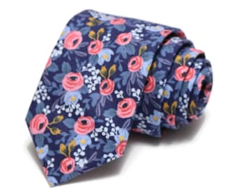 Navy Rosa Floral Necktie~Anniversary Gift~Mens Gift~Flower Tie~Mens Necktie~Wedding~HoBo Ties~Skinny Tie~Rifle Paper Co Fabric~Pink and Blue