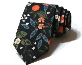 Navy Citrus Grove Floral Necktie - Rifle Paper Co Fabric - Pocket Square - Wedding Necktie - Trendy Wedding - Wedding Gift - Handmade Tie