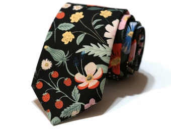 Black Strawberry Fields Floral Necktie~Anniversary Gift~Mens Gift~Flower Tie~Mens Necktie~Wedding~HoBo Ties~Mens Skinny Tie~Blue~Pink~Peach