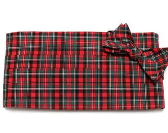 Mens Cummerbund Set~Red & Hunter Green Tartan Plaid~Mens Formal Wear~Self Tie Bow Tie~Wedding~Mens Gift~ Groomsmen~Tartan Cummerbund