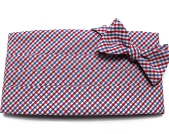 Mens Cummerbund Set~Red & Blue Tattersall Check Cummerbund~Mens Formal Wear~Groomsmen~Groom~Self Tie Bow~Wedding~Formal~Check Plaid