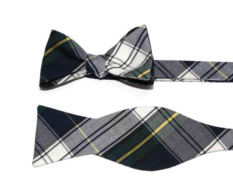 Mens Tartan Plaid Bow Tie~Navy White /& Green~Self Tie Bow Tie~Pre-Tied Bow Tie~Plaid Bow Tie~Groom Tie~Groomsmen Bow Tie~Fall Plaid Tie