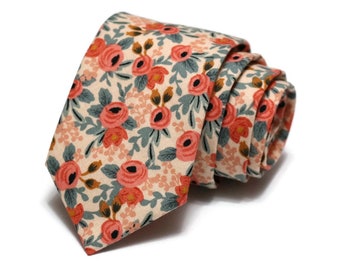 Peach Rosa Floral Necktie - Rifle Paper Co Fabric - Pocket Square - Wedding Necktie - Trendy Wedding - Wedding Gift - Handmade Necktie