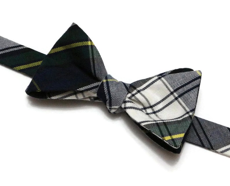 Mens Tartan Plaid Bow Tie~Navy White /& Green~Self Tie Bow Tie~Pre-Tied Bow Tie~Plaid Bow Tie~Groom Tie~Groomsmen Bow Tie~Fall Plaid Tie