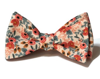 Peach Rosa Floral Bow Tie~Mens Self Tie Bow Tie~Mens PreTied~Anniversary Gift~Flower Tie~Cotton Bow Tie~Wedding Bow Tie~Pink~Green~Coral