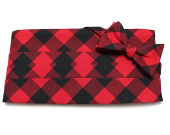 Mens Cummerbund Set~Red & Black Buffalo Plaid Cummerbund~Mens Formal Wear~Groomsmen~Groom~Self Tie Bow Tie~Men Gift~Wedding-Gingham Check