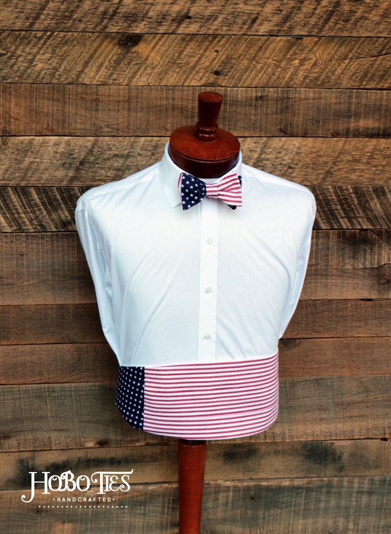Mens Cummerbund Set~American Flag Cummerbund~American Flag Bow Tie~Mens Formal Wear~Mens Bow Tie~Self Tie Bow Tie~Wedding~~Mens Gift