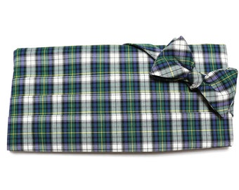 Mens Cummerbund Set~Tartan Plaid~Kelly Green Blue Yellow Tartan Plaid Bow Tie~Mens Formal Wear~Self Tie Bow Tie~Wedding~Gift~ Groomsmen