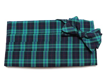 Mens Cummerbund Set~Tartan Plaid~Navy Blue Green Red Tartan Plaid Bow Tie~Mens Formal Wear~Self Tie Bow Tie~Wedding~Mens Gift~Groomsmen