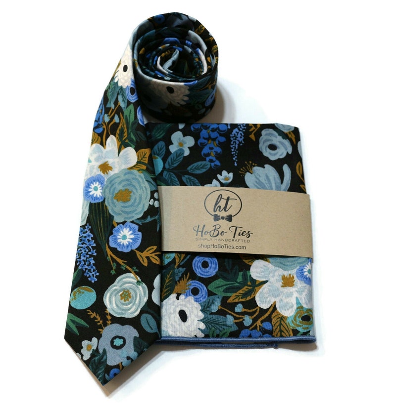 Blue Garden Floral NecktieFloral TieAnniversary GiftFlower TieMens NecktieWeddingHoBo TiesSkinny TieBoys NecktieSlateSageLarge W/ Matching Pkt Sq