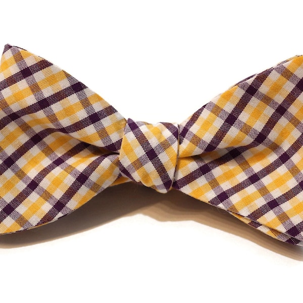 Purple & Gold Tattersall Check Bow Tie~Mens Self Tie Bow Tie~Mens Pre-Tied~Anniversary Gift~HoBo Ties~Cotton Bow Tie~Wedding~LSU Bow Tie