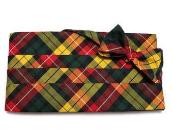 Mens Cummerbund Set~Red Yellow & Green Tartan Plaid~Mens Formal Wear~Groomsmen~Groom~Self Tie Bow Tie~Men Gift~Wedding~Tartan Cummerbund