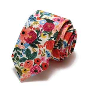 Cream Garden Party Petite Floral Necktie - Rifle Paper Co Fabric - Wedding Tie - Trendy Wedding - Handmade - Cotton Tie - Men’s Gift