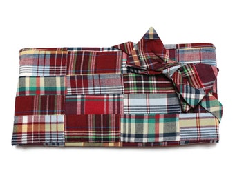 Mens Cummerbund Set~Red Patchwork Cummerbund~Mens Formal Wear~Mens Bow Tie~Self Tie Bow Tie~Wedding~Cotton Cummerbund~Patchwork Plaid