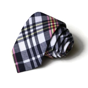 Navy Madras Plaid Necktie~Anniversary~Wedding Tie~Mens Gift~Necktie~Mens Necktie~Preppy Gift~Navy Pink Tie~Blue Necktie~Yellow~Plaid Tie