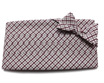 Mens Cummerbund Set~Burgundy & Gray Tattersall Check Cummerbund~Mens Formal Wear~Groomsmen~Groom~Self Tie Bow~Gift~Wedding~Formal~Plaid