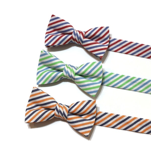 Boys Stripe Bow Ties~Boys Bow Tie~Pre-Tied Bow Ties~Cotton Bow Tie~Church Tie~ Wedding~Ring Bearer~Infant~Toddler~Orange~Navy~Blue~Red~Green