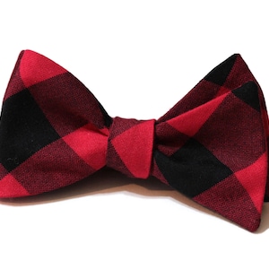 Buffalo Plaid Bow Tie~Mens Self Tie Bow Tie~Mens PreTied~Anniversary Gift~HoBo Ties~Cotton Bow Tie~Wedding Bow Tie~Red Black Plaid