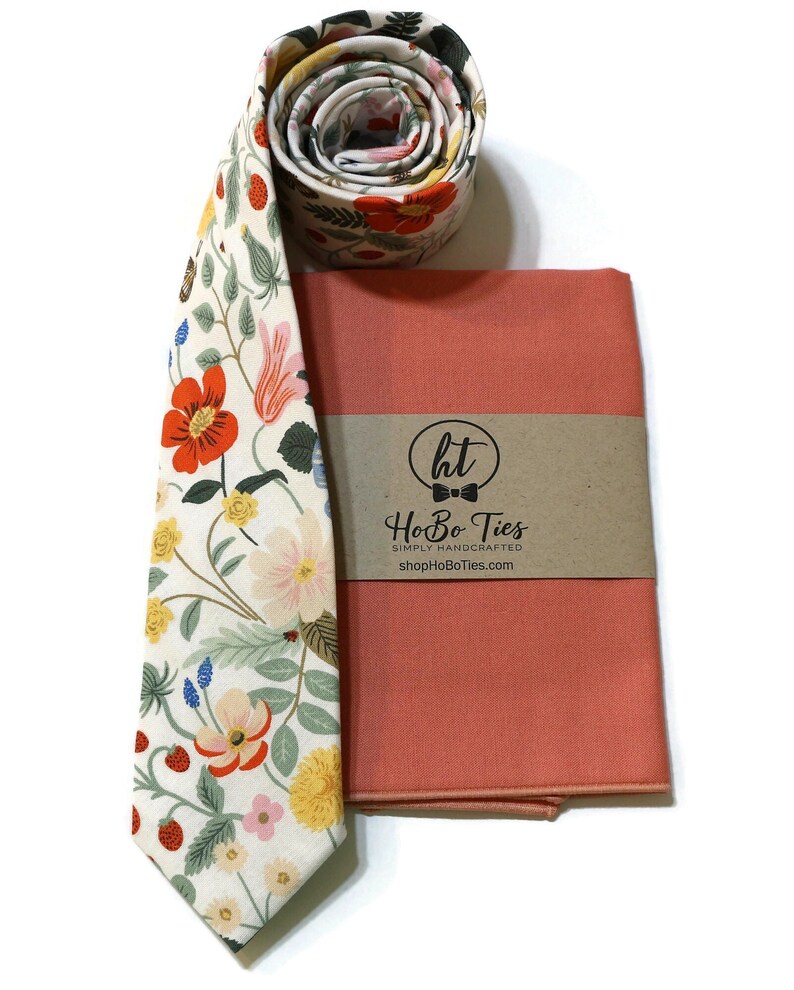 Ivory Strawberry Fields Floral Necktie Rifle Paper Co Fabric Pocket Square Wedding Necktie Handmade Necktie Wedding Gift image 4