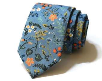Blue Metallic Wildwood Floral Necktie - Rifle Paper Co - Wedding Tie - Pocket Square - Mens Necktie - Handmade - Cotton Anniversary - Trendy