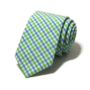 Cornflower & Lime Tattersall Check Mens Necktie~Cotton Necktie~Anniversary Gift~Wedding Tie~Blue Green Tie~Mens~Boys~Skinny Tie~Plaid Tie