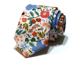 Cream Wild Rose Floral Necktie~Anniversary Gift~Mens Gift~Flower Tie~Mens Necktie~Wedding~HoBo Ties~Mens Skinny Tie~Primavera~Coral~Peach