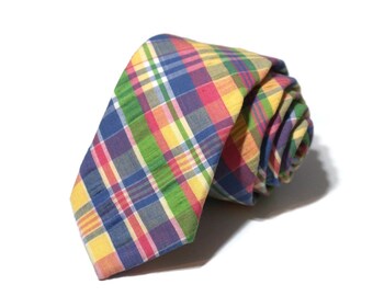 Easter Plaid Seersucker Necktie~Cotton Necktie~Anniversary Gift~Wedding Tie~Mens Gift~Cotton Tie~Mens Tie~Blue~Pink~Green~Yellow~Boys Tie