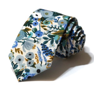 Blue Garden Party Petite Floral Necktie - Rifle Paper Co Fabric - Pocket Square - Wedding Necktie - Trendy Wedding - Wedding Gift - Handmade