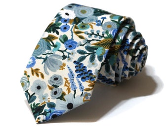 Blue Garden Party Petite Floral Necktie - Rifle Paper Co Fabric - Pocket Square - Wedding Necktie - Trendy Wedding - Wedding Gift - Handmade