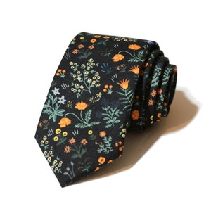 Black Menagerie Garden Floral Necktie~Floral Tie~Anniversary Gift~Flower Tie~Mens tie~Wedding~Skinny Tie~Boys Necktie~Rifle Paper Co Fabric