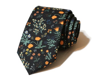 Black Menagerie Garden Floral Necktie~Floral Tie~Anniversary Gift~Flower Tie~Mens tie~Wedding~Skinny Tie~Boys Necktie~Rifle Paper Co Fabric