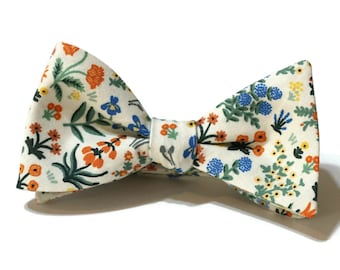 Cream Menagerie Garden Floral Bow Tie~Mens Self Tie Bow Tie~Mens PreTied~Anniversary Gift~Flower~Cotton Tie~Wedding~Rifle Paper Co Fabric