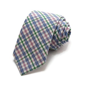 Easter Plaid Check Mens Necktie~Green~Pink~Blue~Cotton Necktie~Anniversary Gift~Wedding Tie~Mens Gift~Skinny Tie~Slim Tie