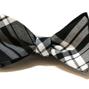 Mens Tartan Plaid Bow Tie~White & Black~Self Tie Bow Tie~Pre-Tied Bow Tie~Plaid Bow Tie~Groom Tie~Groomsmen Bow Tie~Black Plaid Tie