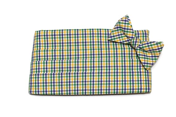 Mardi Gras Tattersall Cummerbund and Bow Tie Set – Men’s Formalwear, Wedding Groomsmen Gift, Classic Tuxedo Accessories,Handmade Bow Tie Set