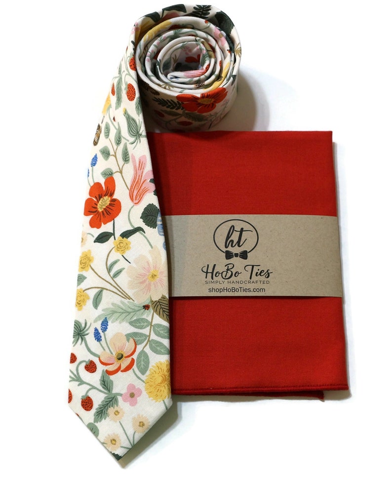 Ivory Strawberry Fields Floral Necktie Rifle Paper Co Fabric Pocket Square Wedding Necktie Handmade Necktie Wedding Gift image 3